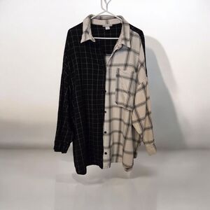 Monkl Black White Checkered Womens Button Down Oversized Long Sleeve  Shirt XL